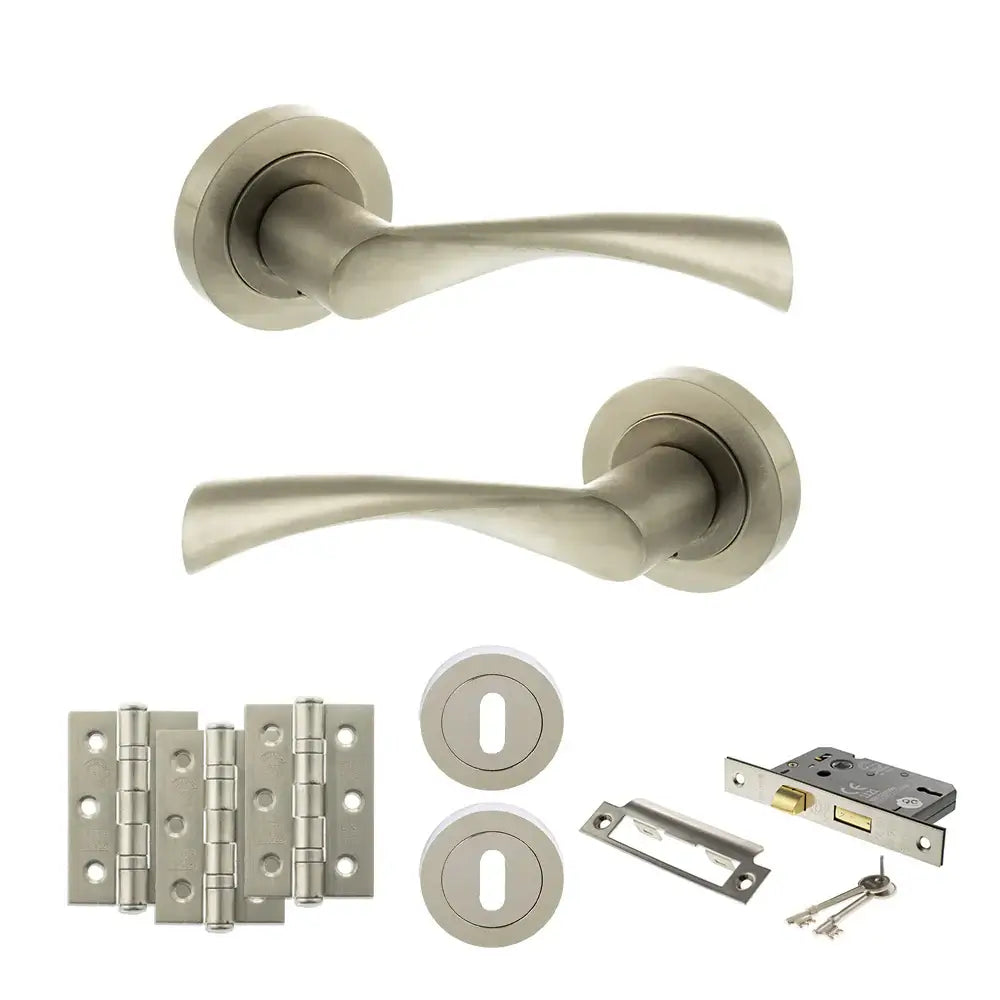 Product Door handle set with additional hardware components on a white background