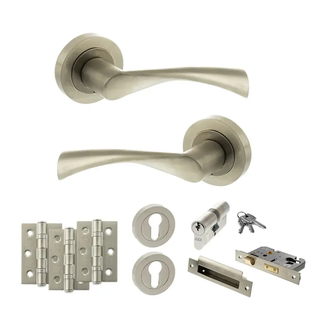 Product Door handle set with lock mechanism on a white background