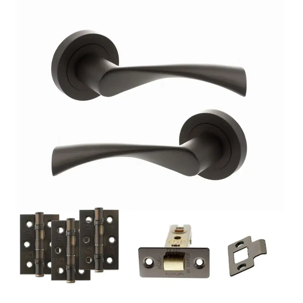 Product Black door handles and hardware components on a white background