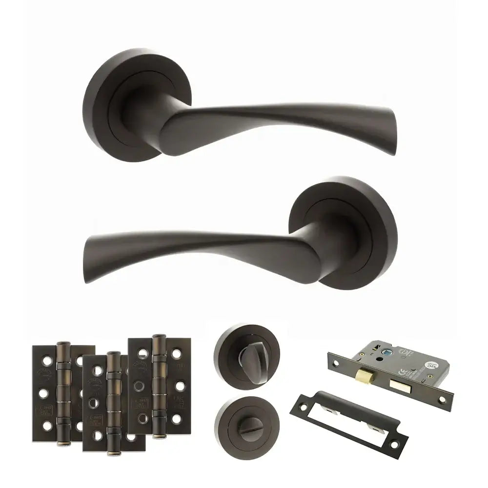 Product Set of black door handles and hardware components on a white background