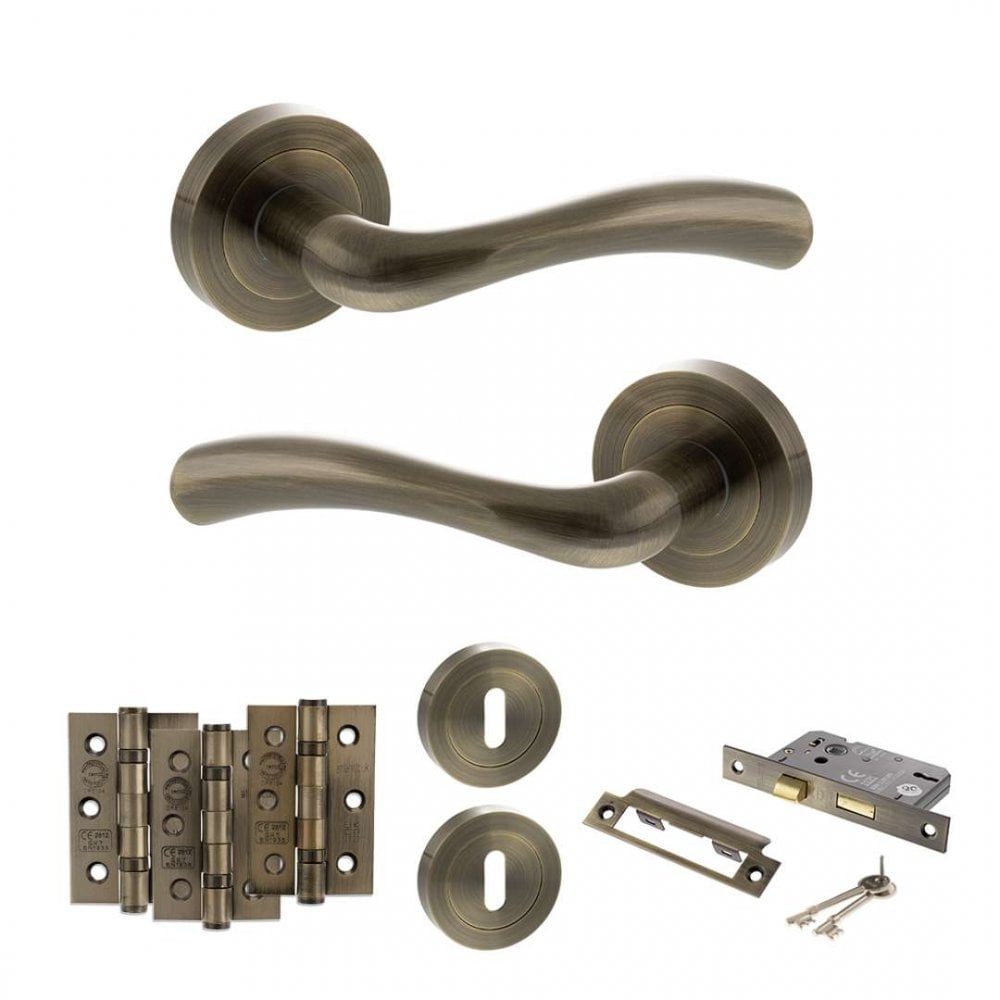 Product antique brass door handle on round rose