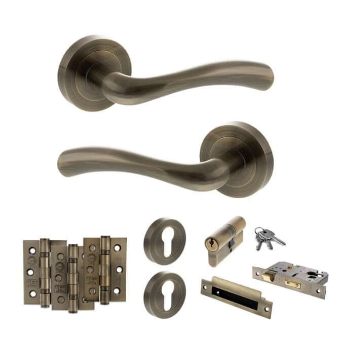 Product antique brass door handle on round rose