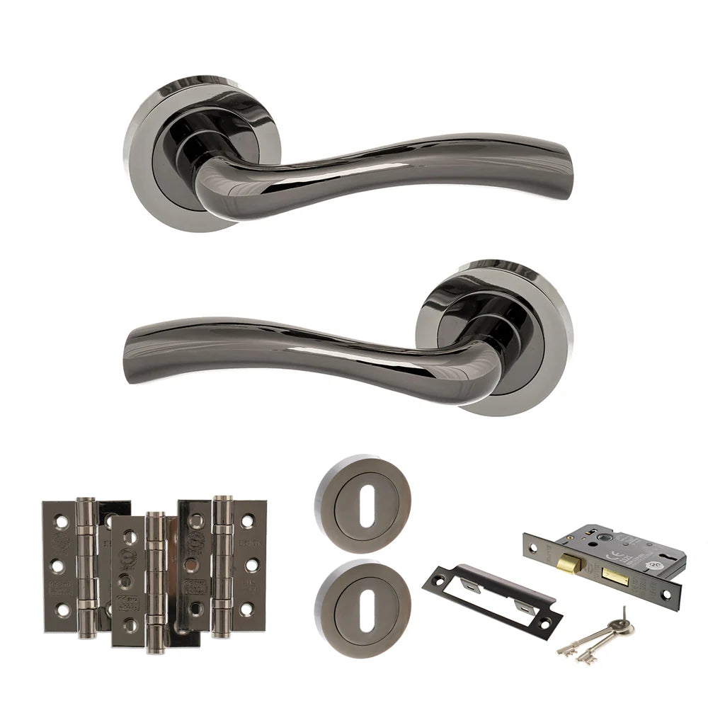 Product black nickel door handle on round rose