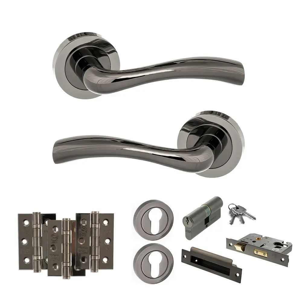 Product black nickel door handle on round rose