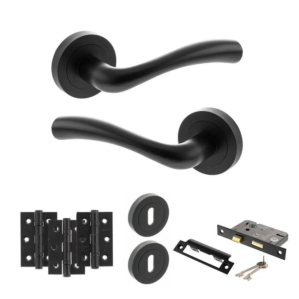 Product matt black door handle on round rose