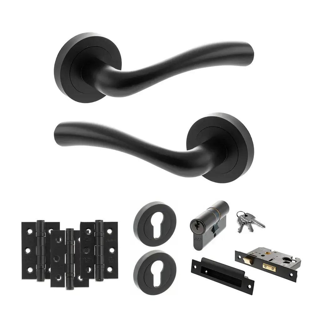 Product matt black door handle on round rose