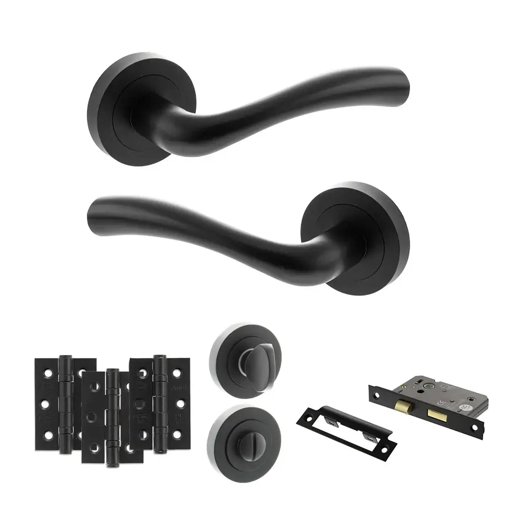 Product matt black door handle on round rose