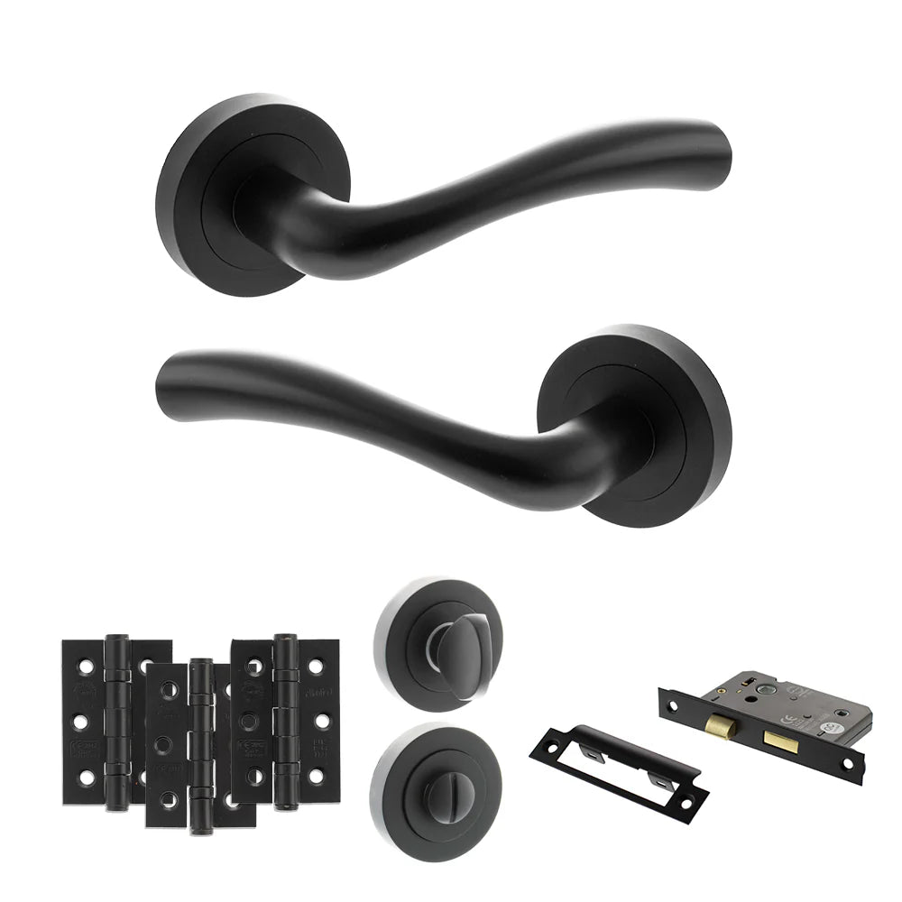 Product matt black door handle on round rose