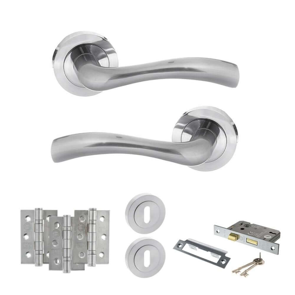 Product satin brass door handle on round rose