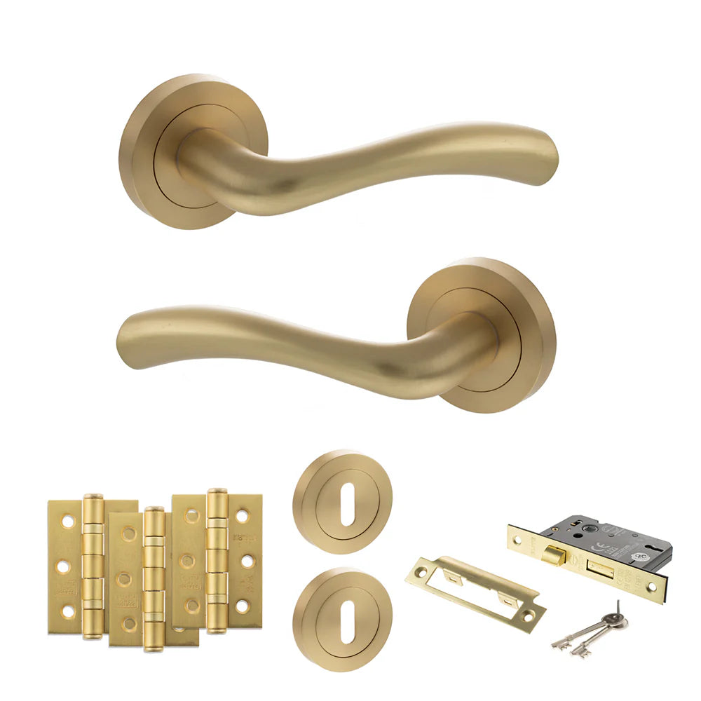 Product satin brass door handle on round rose