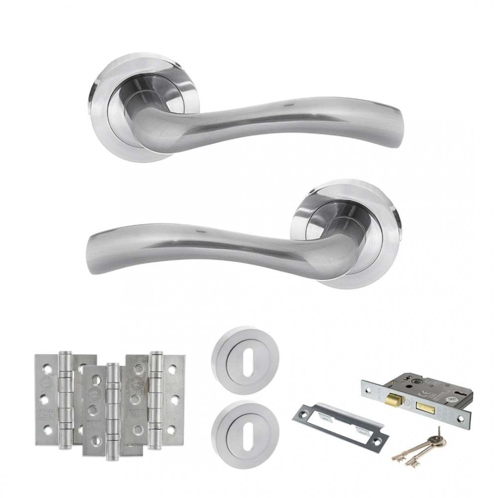 Product satin brass door handle on round rose