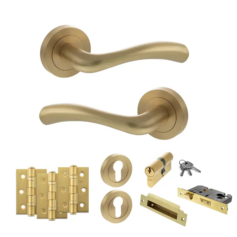 Product satin brass door handle on round rose