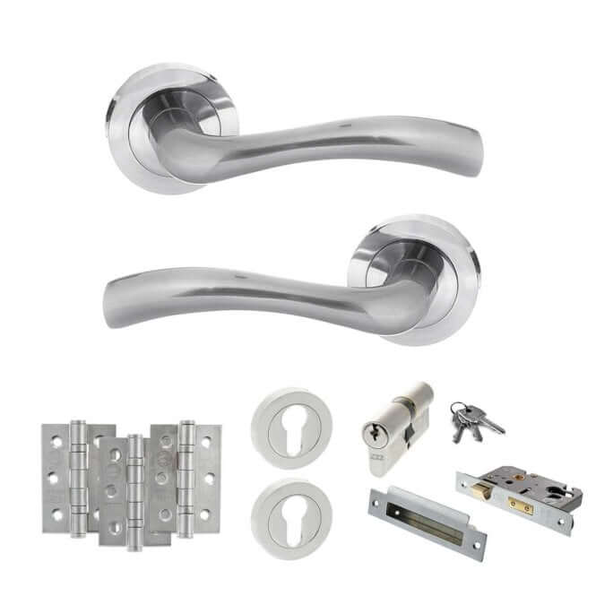 Product satin brass door handle on round rose