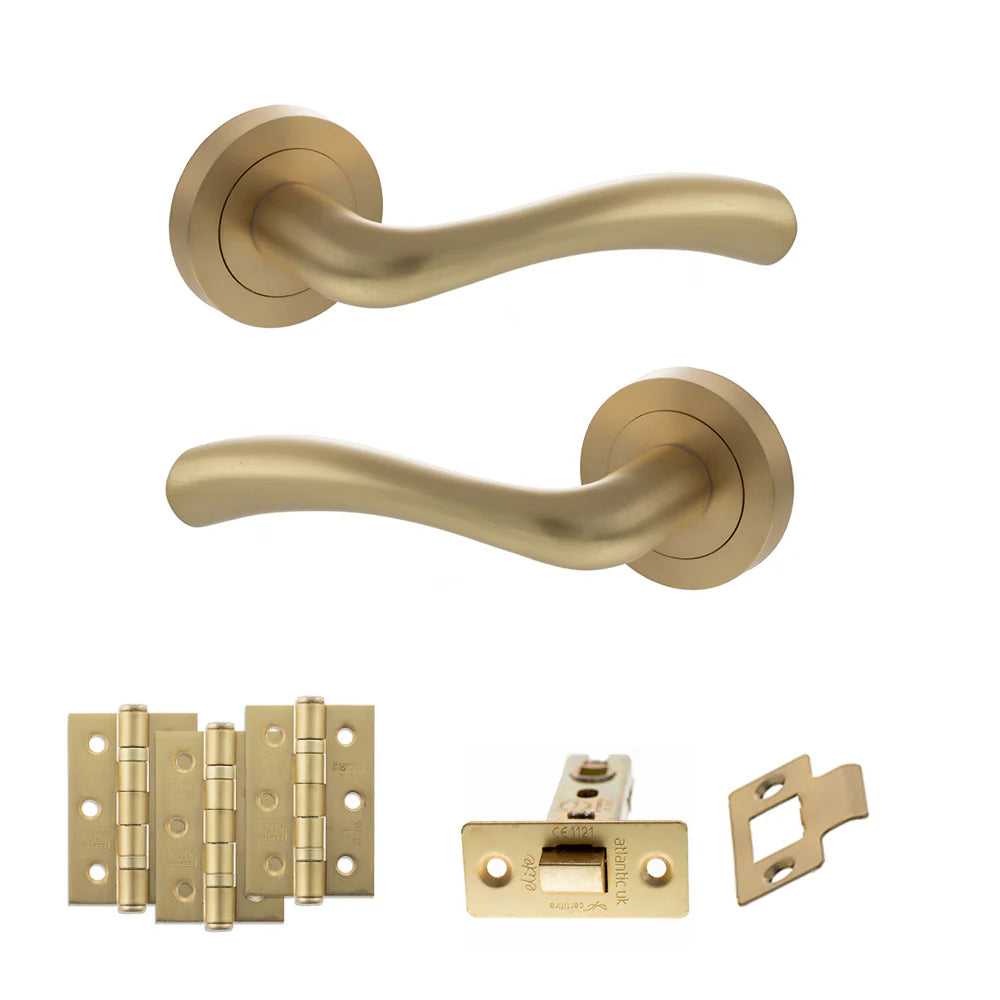 Product satin brass door handle on round rose