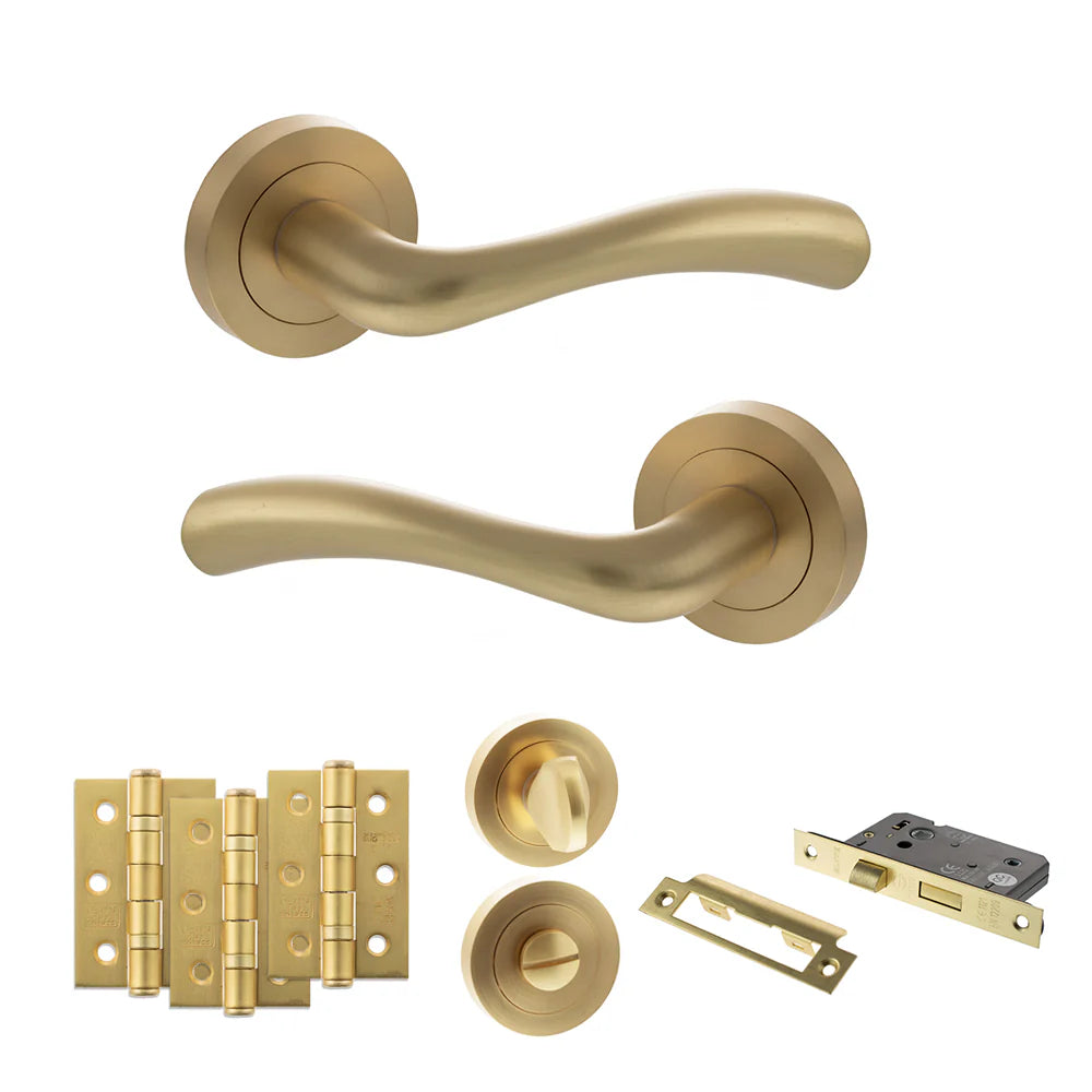 Product satin brass door handle on round rose