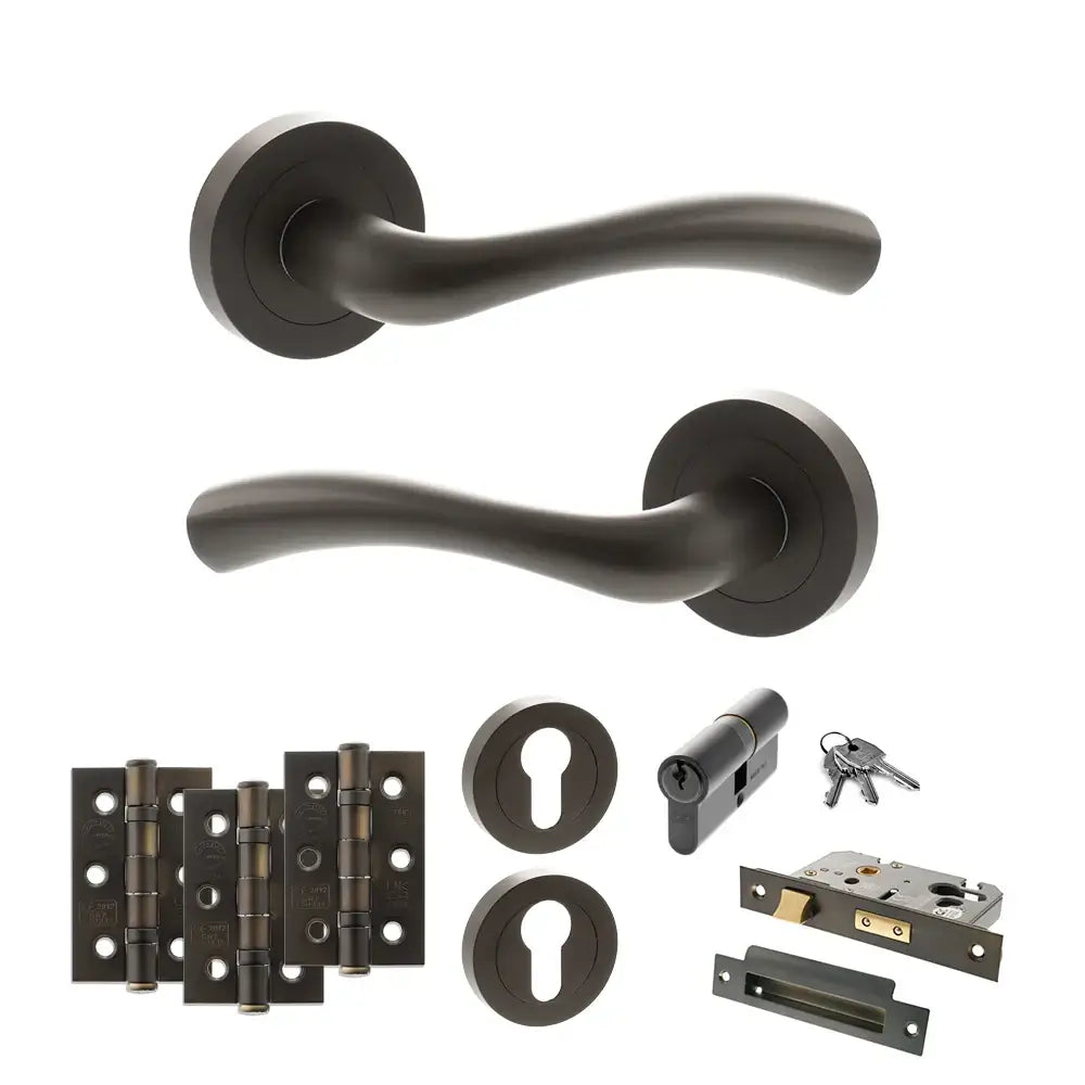 Product urban dark bronze door handle on round rose