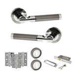 Product Set of silver door handles and hardware components on a white background