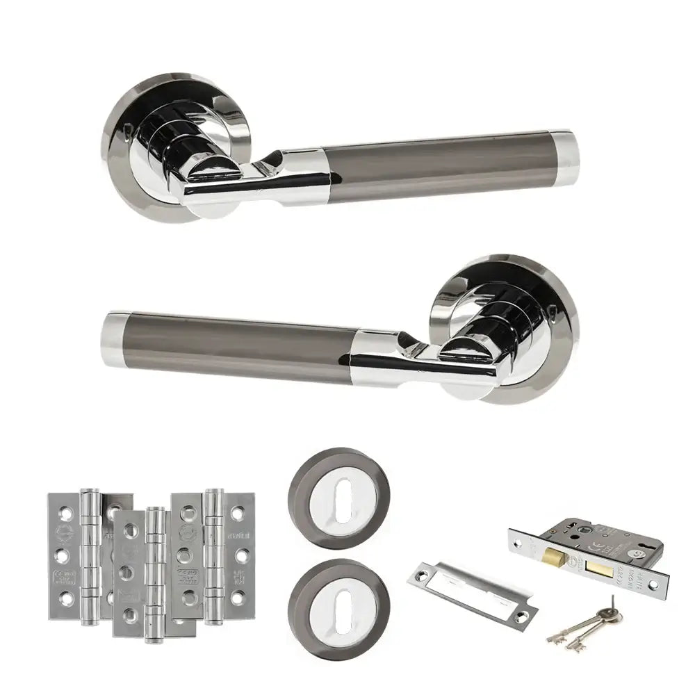 Product Set of silver door handles and hardware components on a white background