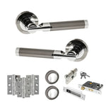 Product Set of chrome door handles and lock components on a white background