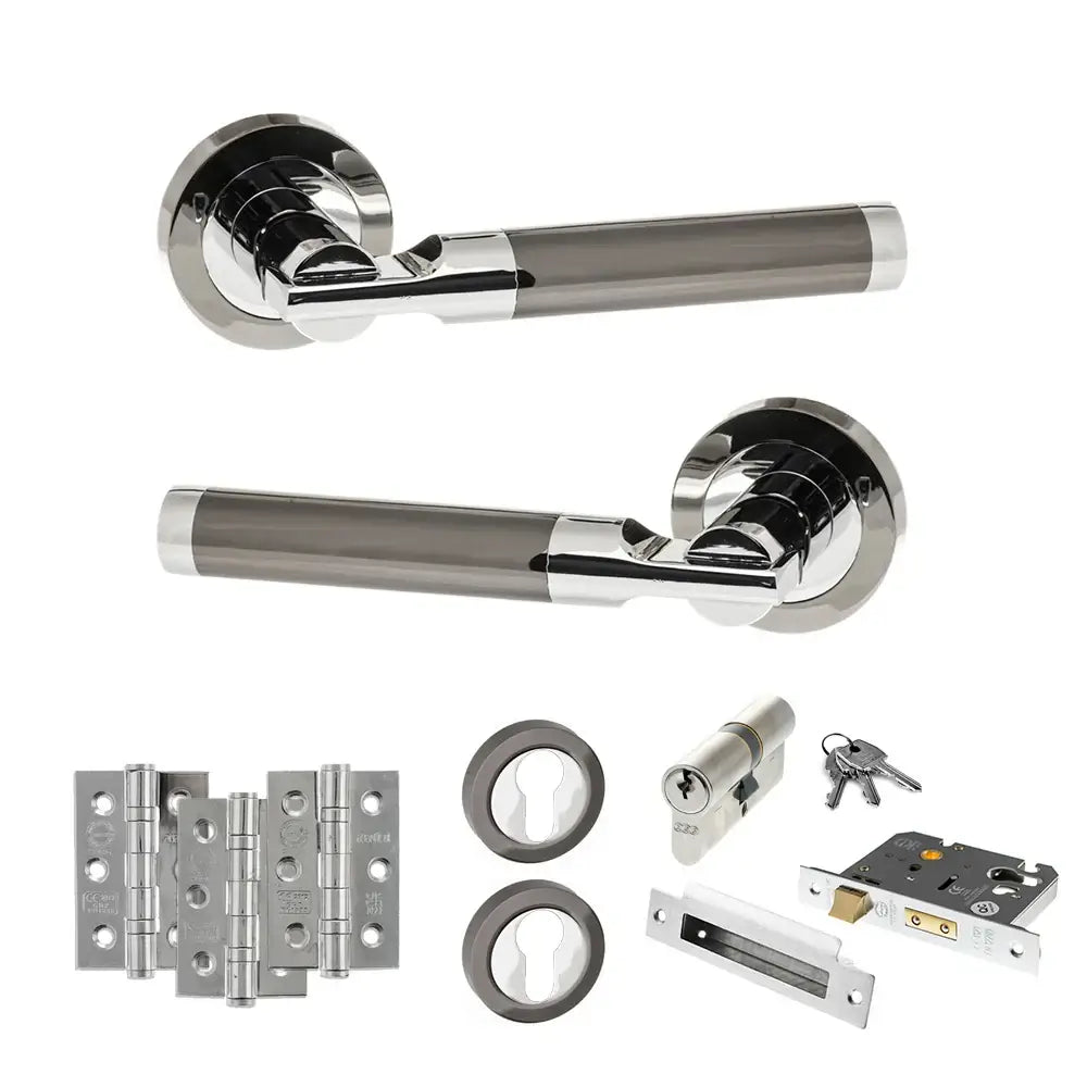 Product Set of chrome door handles and lock components on a white background