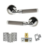 Product Set of polished chrome door handles and hardware components on a white background