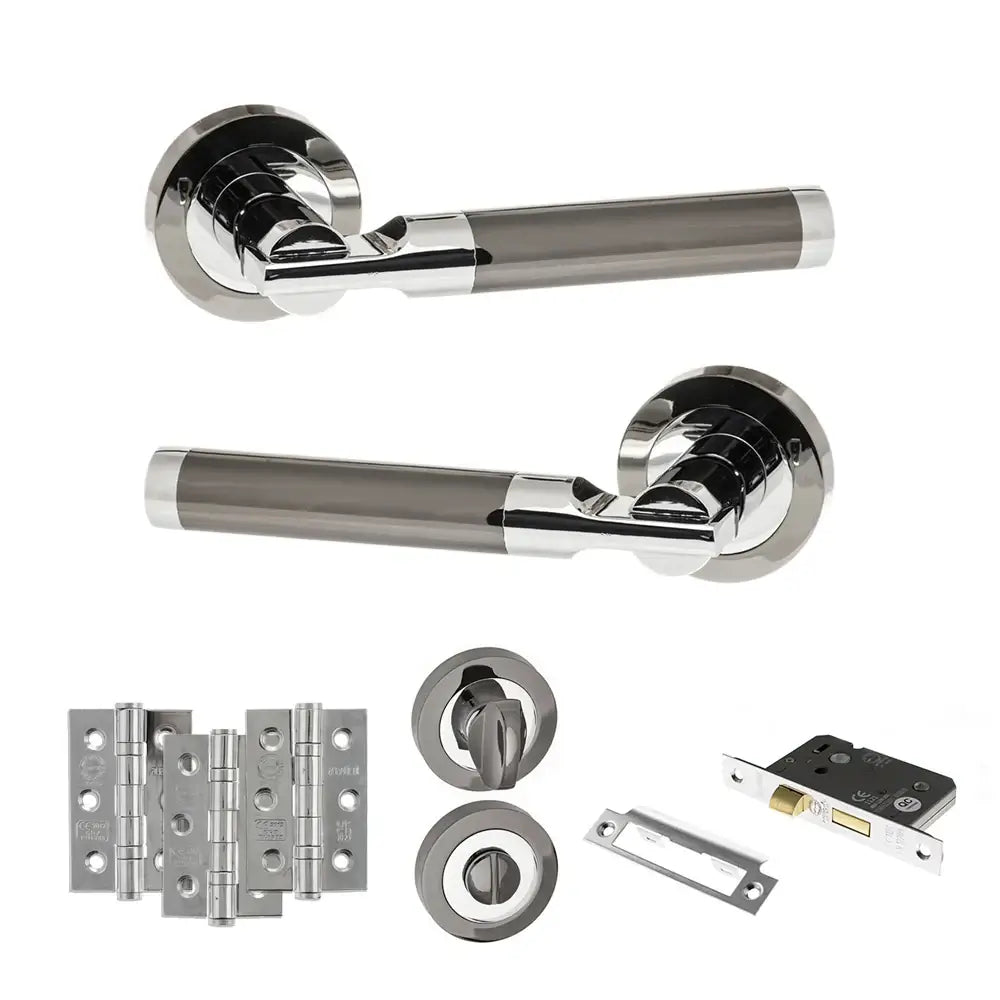 Product Set of silver door handles and hardware components on a white background