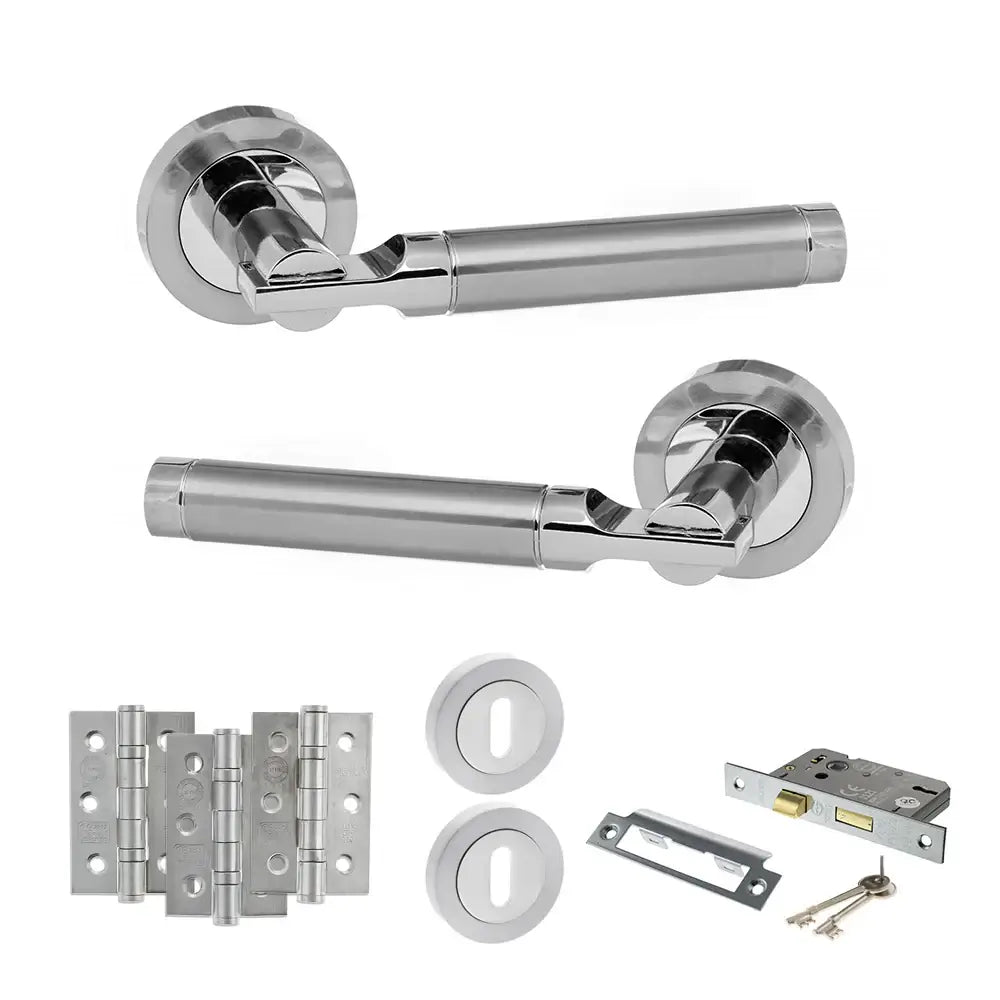 Product Set of chrome door handles and lock components on a white background