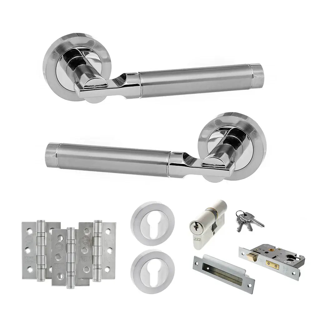 Product Set of silver door handles, hinges, and locks on a white background
