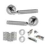 Product Set of silver door handles, hinges, and locks on a white background