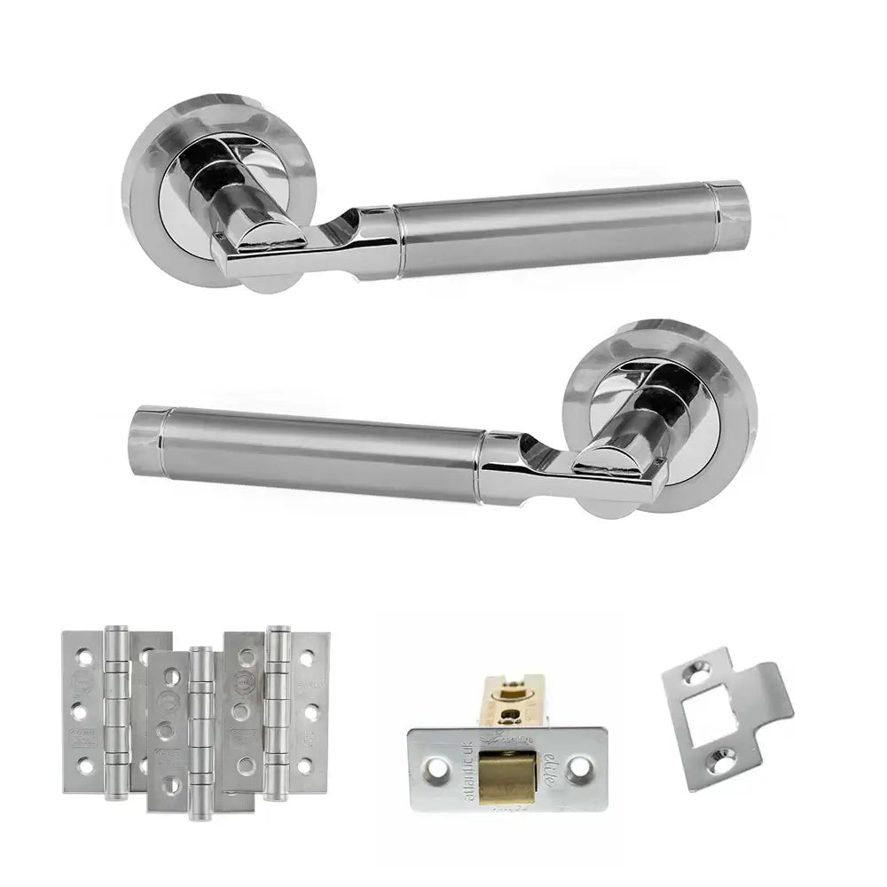 Product Chrome door handles and hardware components on a white background
