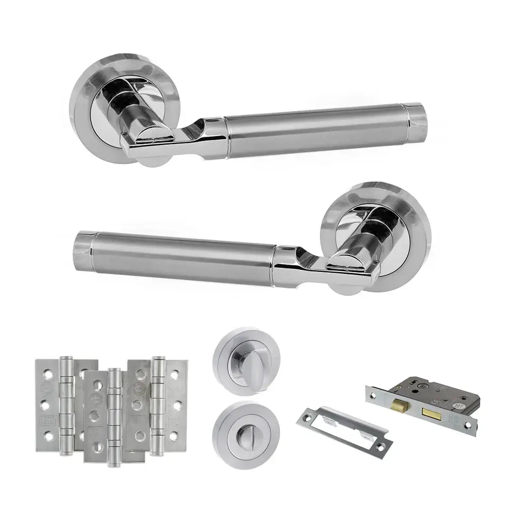 Product Set of polished chrome door handles and hardware components on a white background
