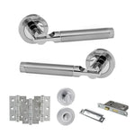 Product Set of polished chrome door handles and hardware components on a white background