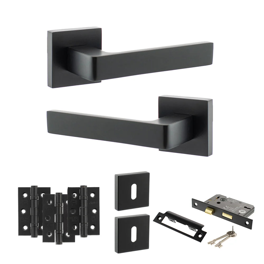 Product Black door handle set with additional hardware components on a white background