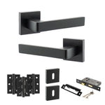 Product Black door handle set with additional hardware components on a white background