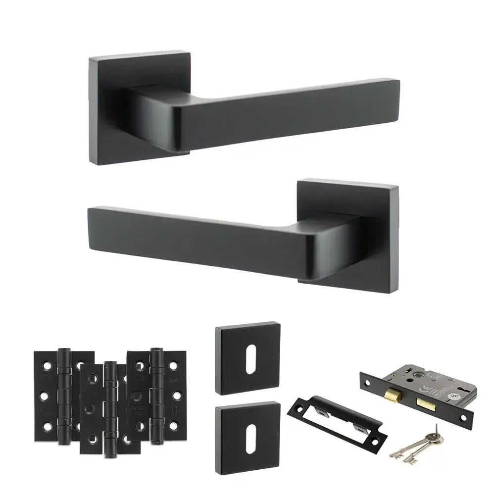 Product Black door handle set with additional hardware components on a white background