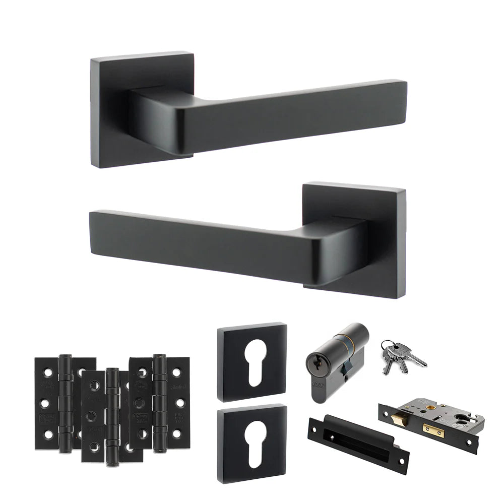 Product Black door handles and lock mechanism set on a white background