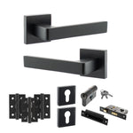 Product Black door handles and lock mechanism set on a white background