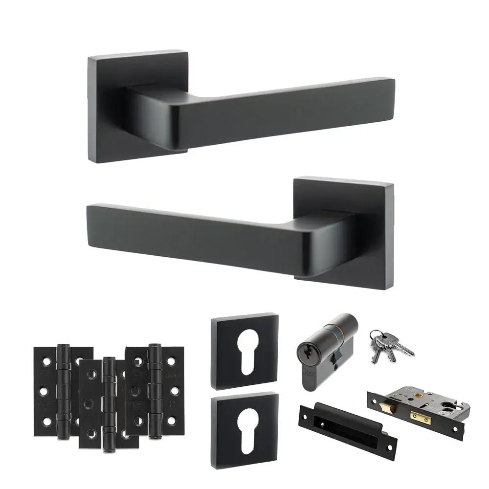 Product Black door handles and lock mechanism set on a white background