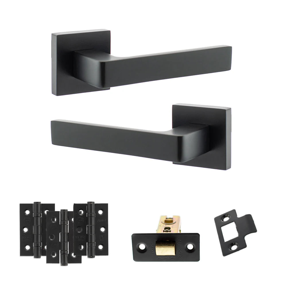 Product Black door handle set with additional hardware components on a white background