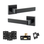 Product Black door handle set with additional hardware components on a white background