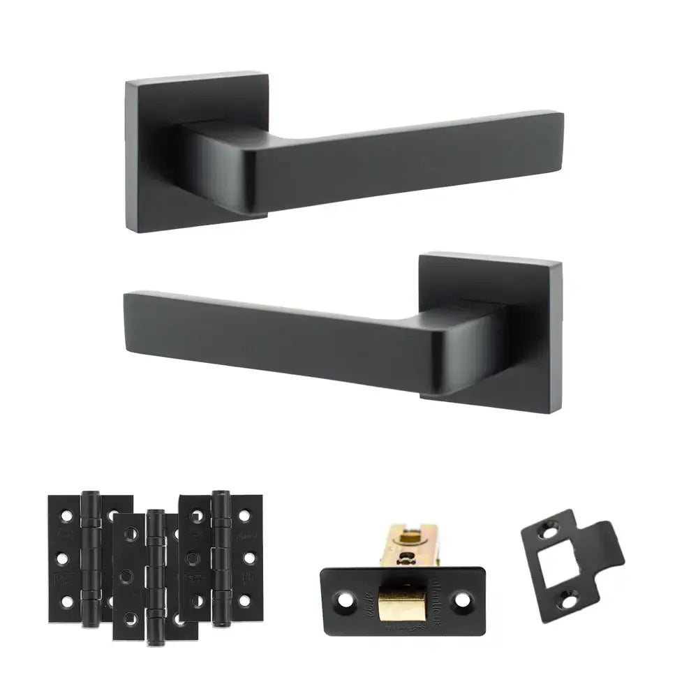 Product Black door handle set with additional hardware components on a white background
