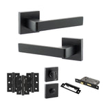 Product Set of black door handles and lock components on a white background