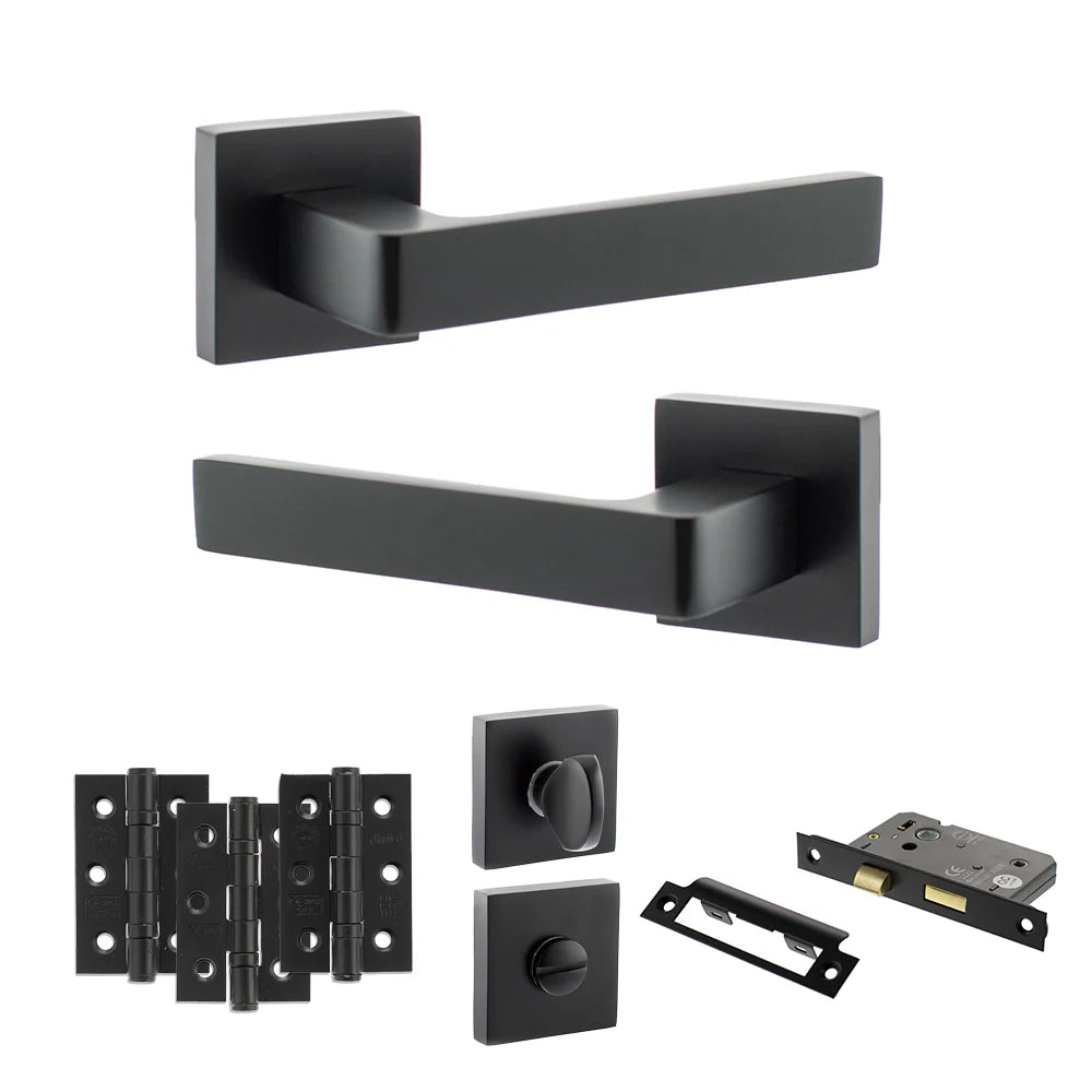 Product Set of black door handles and lock components on a white background