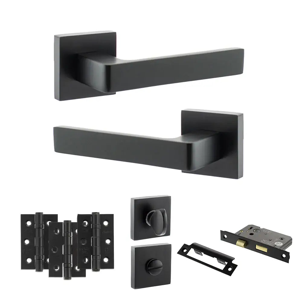 Product Set of black door handles and lock components on a white background
