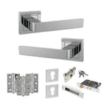 Product Collection of silver door hardware components on a white background