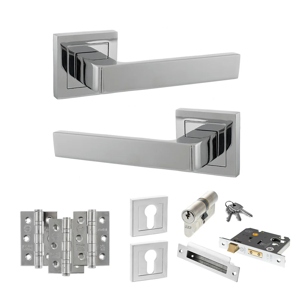 Product Collection of silver door hardware components on a white background