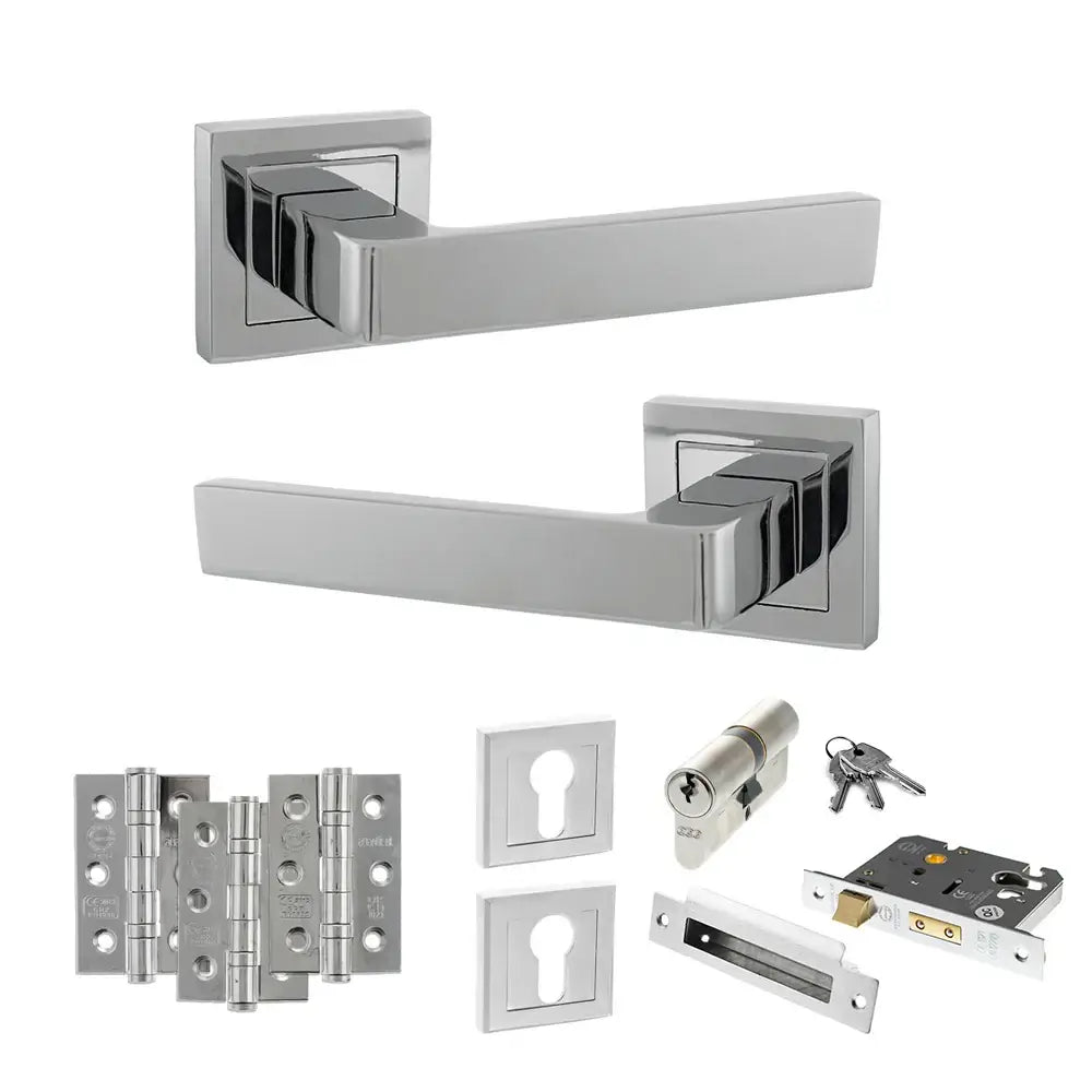 Product Collection of silver door hardware components on a white background