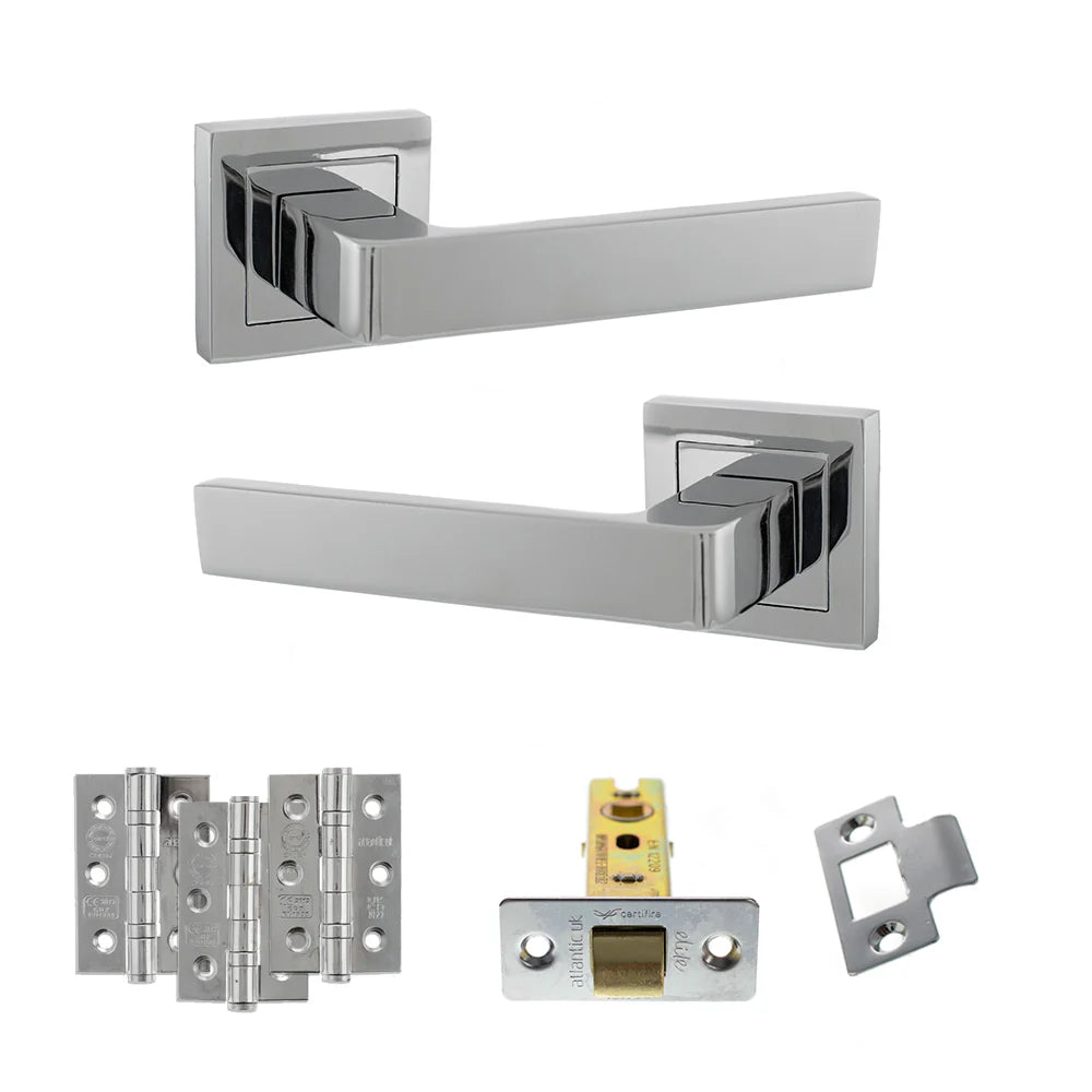 Product Set of chrome door handles and hardware components on a white background