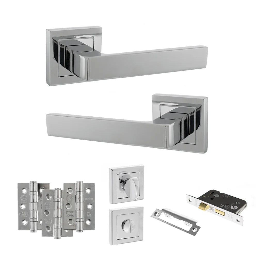 Product Set of polished chrome door handles and lock mechanism on a white background