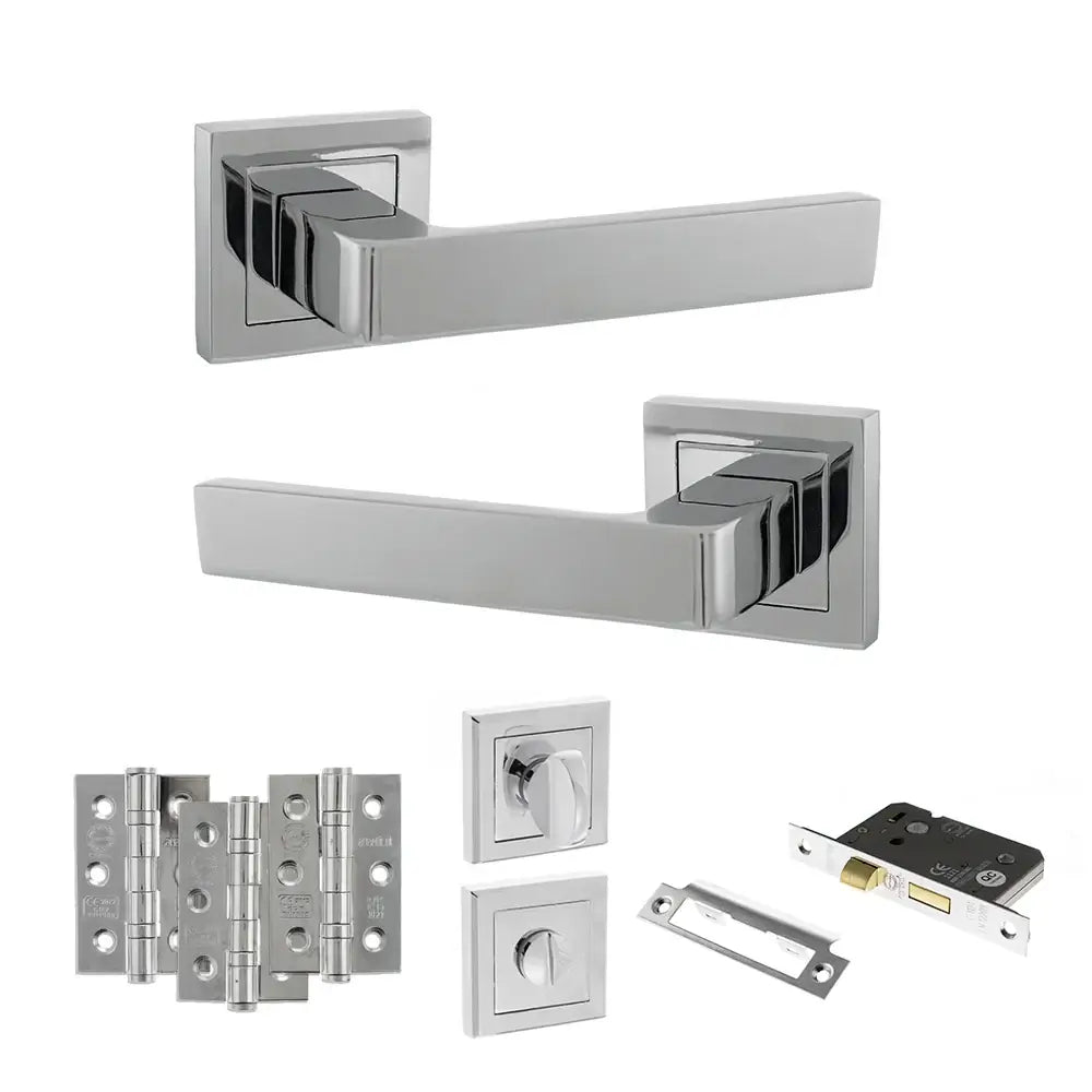 Product Set of polished chrome door handles and lock mechanism on a white background